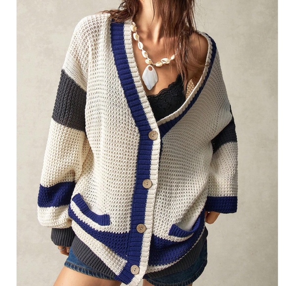 Cozy Color Block Button Down Pockets Thermal Knit Cardigan